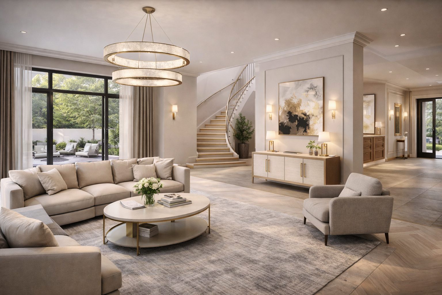 Bright living room with curved staircase