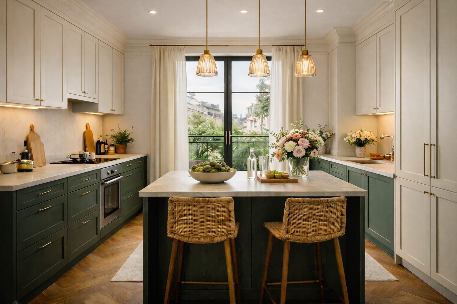 Kitchen with green cabinetry and island