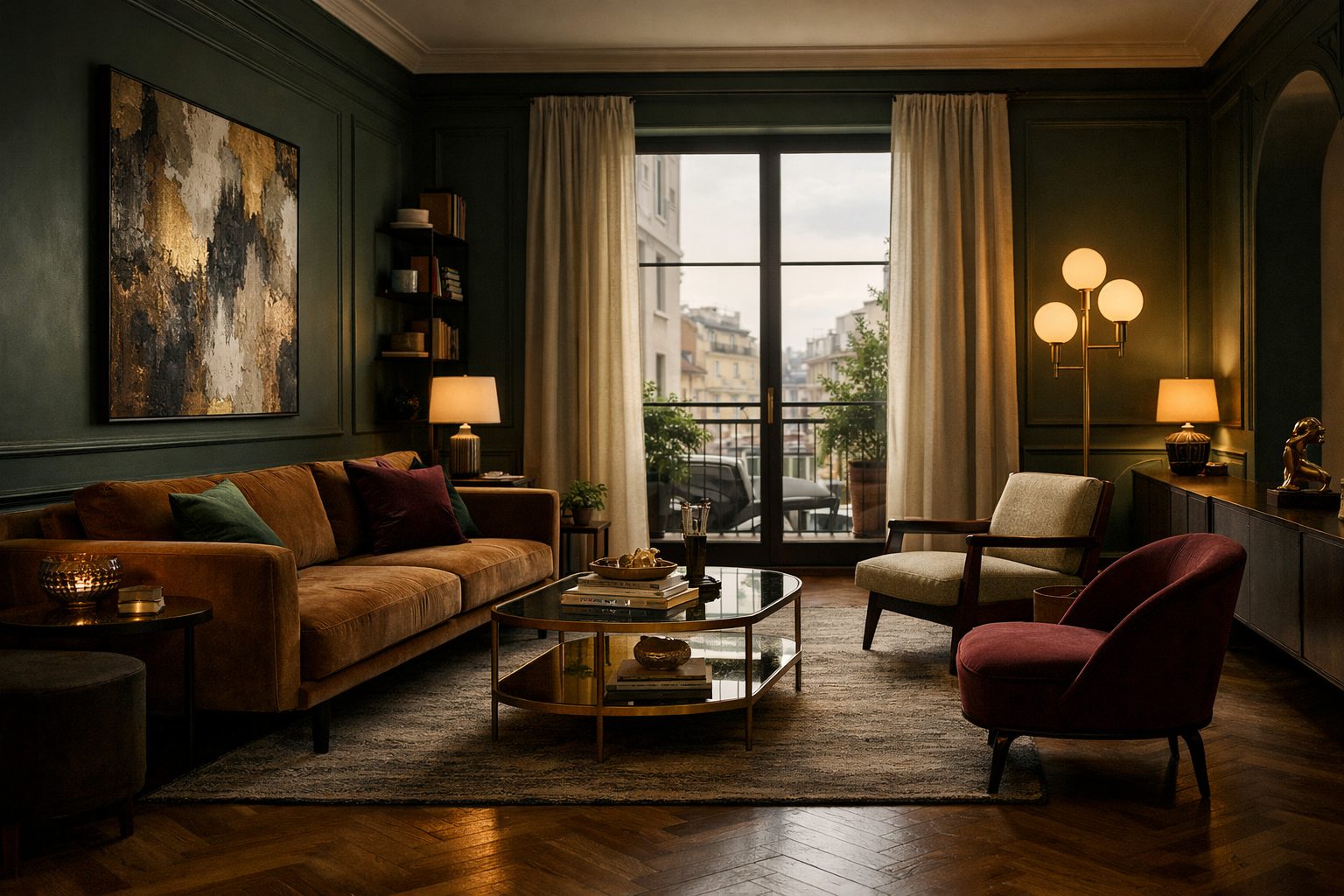 Living room with deep green walls and velvet