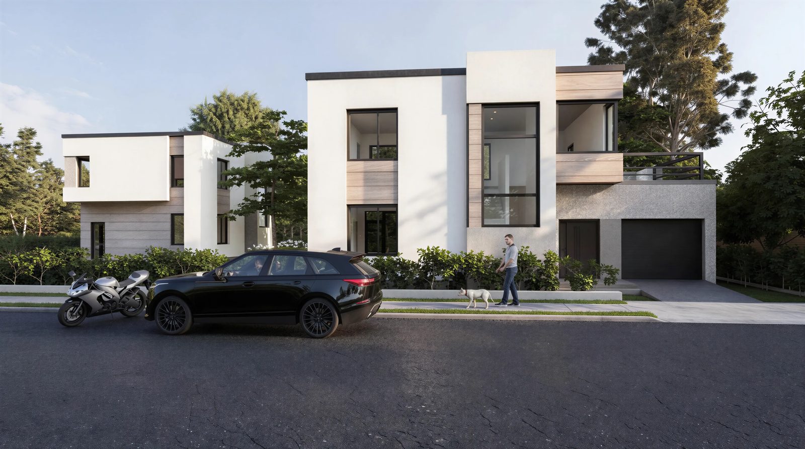 Detached houses in white render and timber
