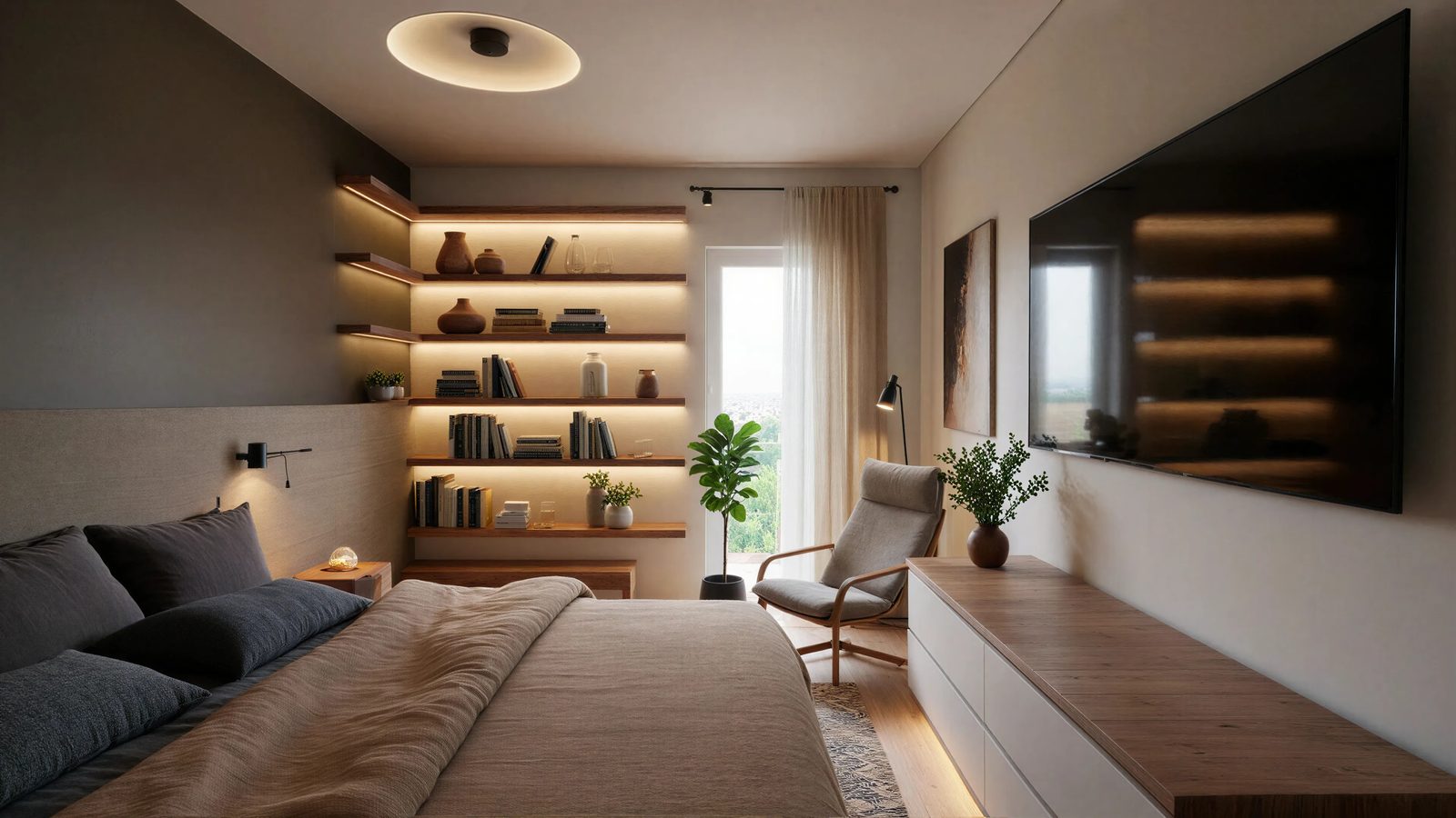 Bedroom with lit shelving