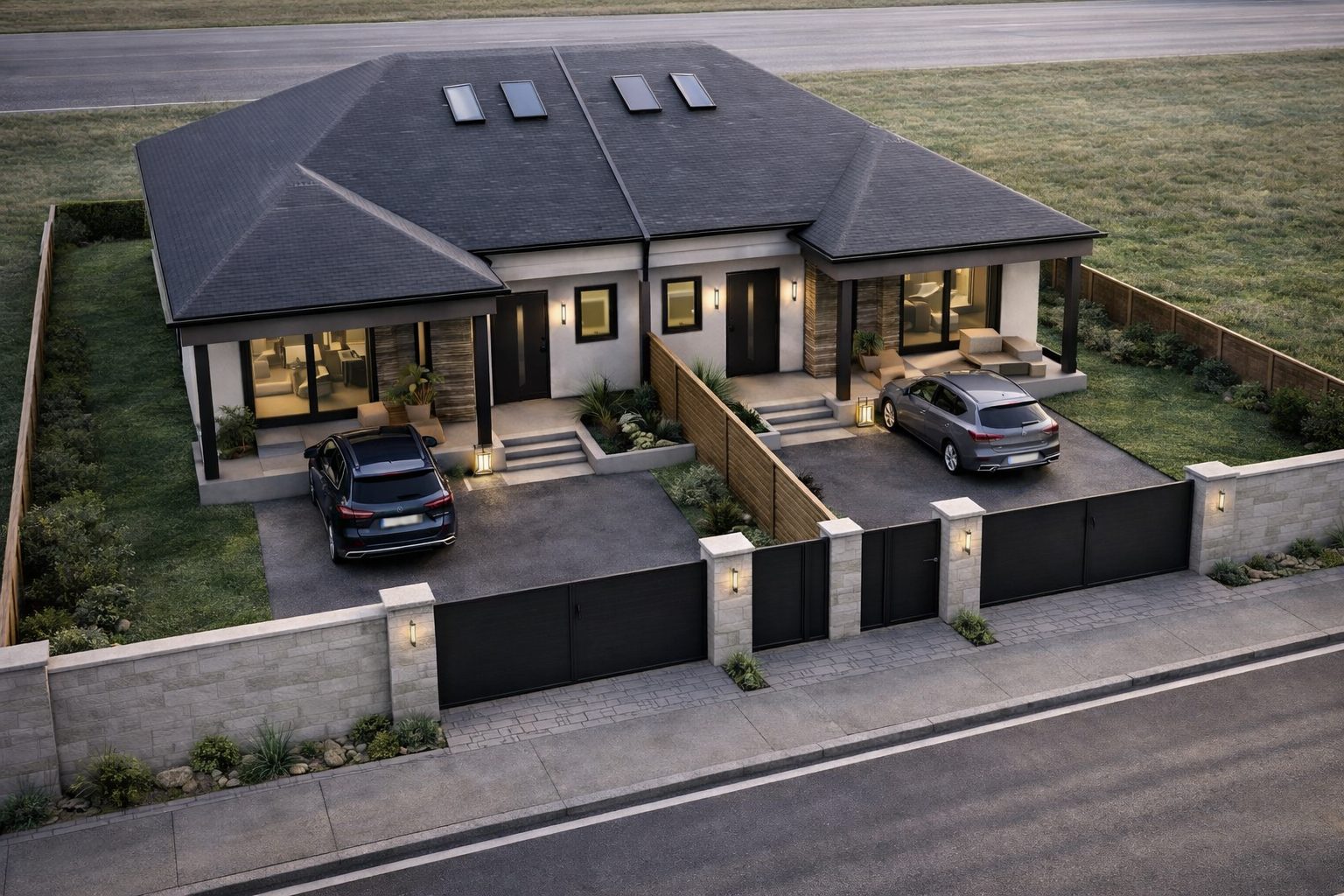 Duplex with hipped roof